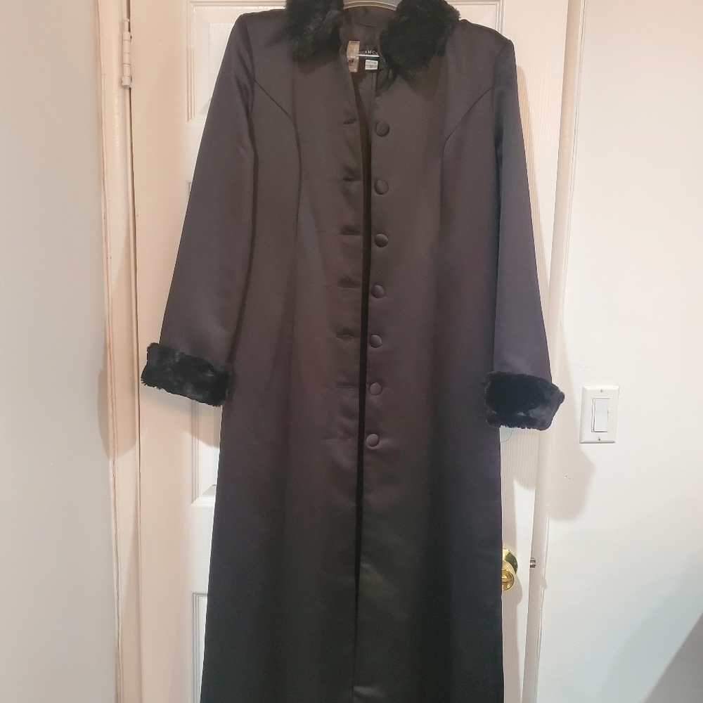 Black Stunning Satin Maxi Coat with Faux Accents